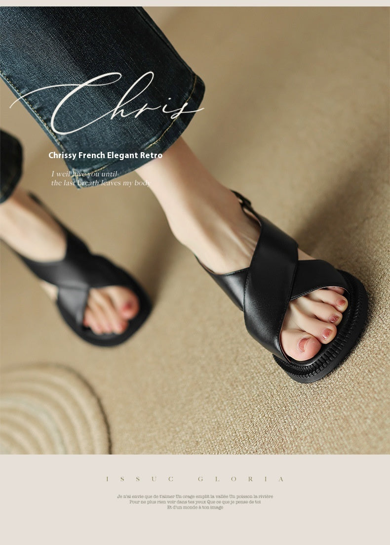 Mid Heel Plus Size 40-41 Wide Strip Open Toe Retro Sandals