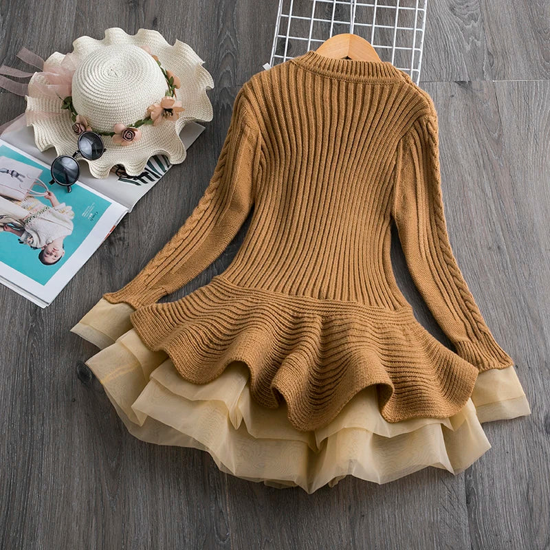 Red Christmas Dress Knitted Sweater Girl's Dress  Full Sleeve Casual Clothing Autumn Winter Dress for Girls New Year Dress 3-6Y