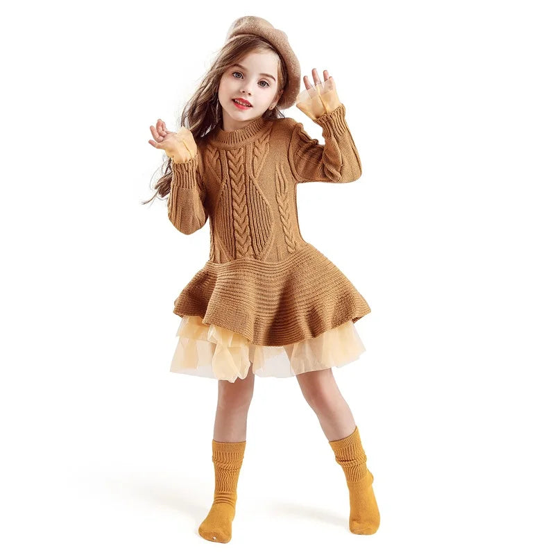 Red Christmas Dress Knitted Sweater Girl's Dress  Full Sleeve Casual Clothing Autumn Winter Dress for Girls New Year Dress 3-6Y