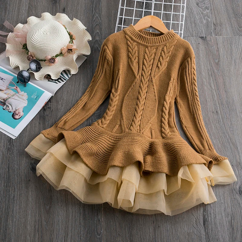 Red Christmas Dress Knitted Sweater Girl's Dress  Full Sleeve Casual Clothing Autumn Winter Dress for Girls New Year Dress 3-6Y