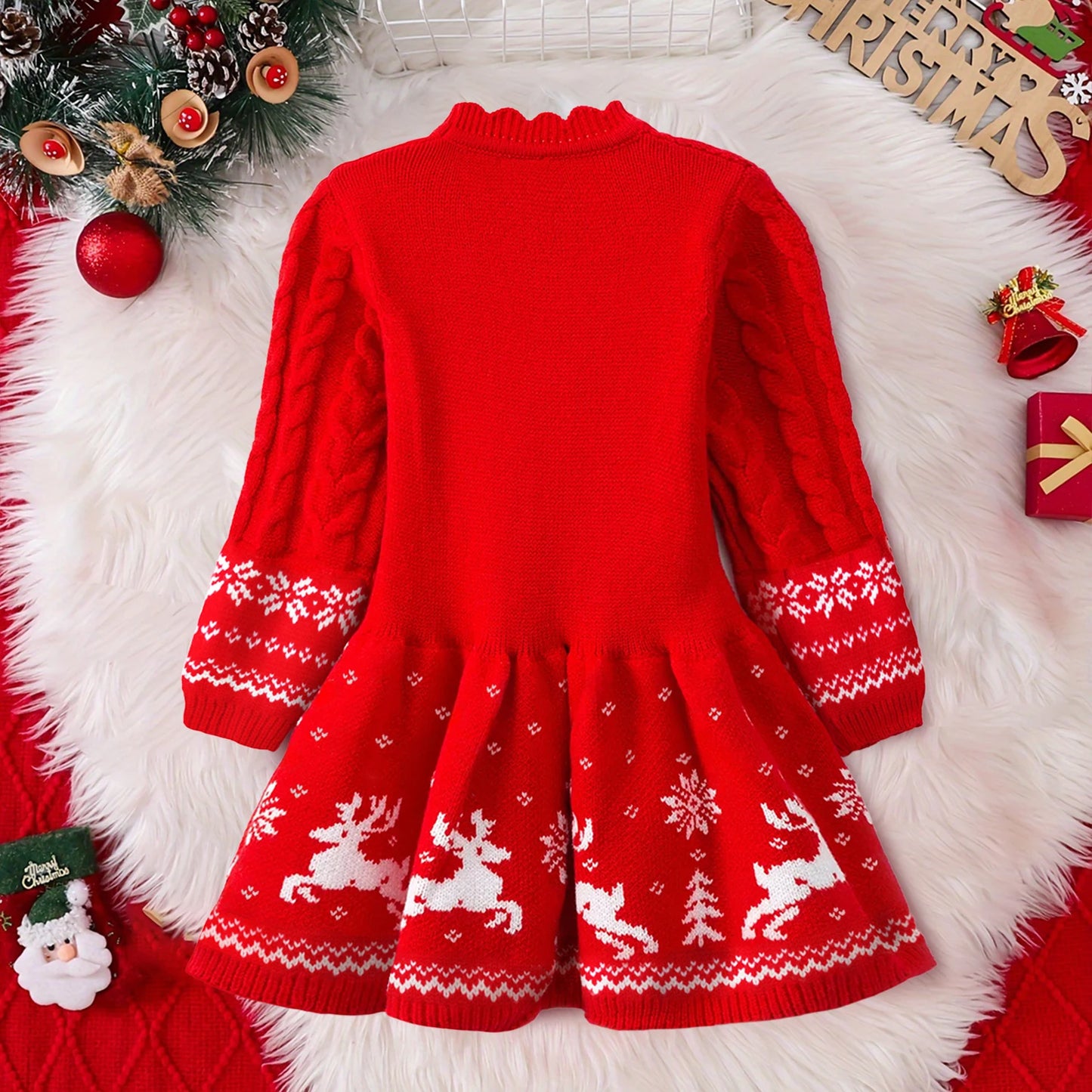 Red Christmas Dress Knitted Sweater Girl's Dress  Full Sleeve Casual Clothing Autumn Winter Dress for Girls New Year Dress 3-6Y