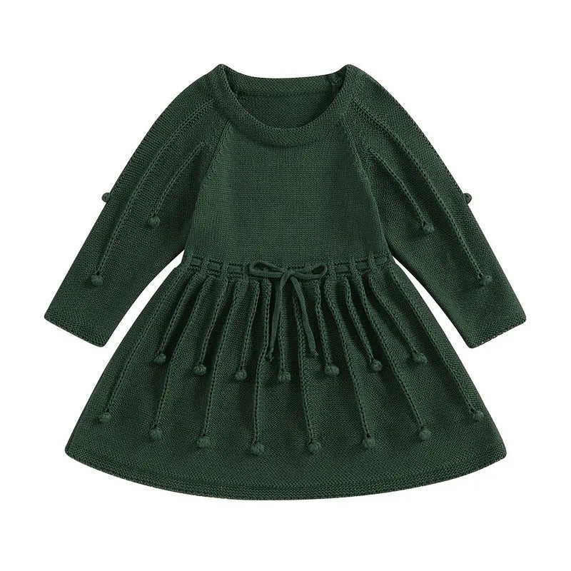 RUEWEY 1 to 6 Years Christmas Kid Girl Sweater Dress Solid Color Bobbles Crew Neck Long Sleeve Knit Princess Dress Baby Clothing