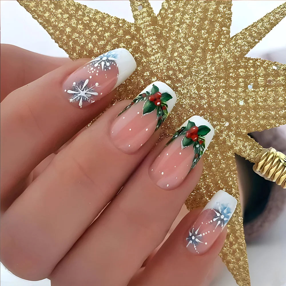 24pcs Christmas False Nails Shiny Green Deer Gift Box Pattern Mid Length Coffin Ballet Fake Nails 2025 New Year Press on Nails