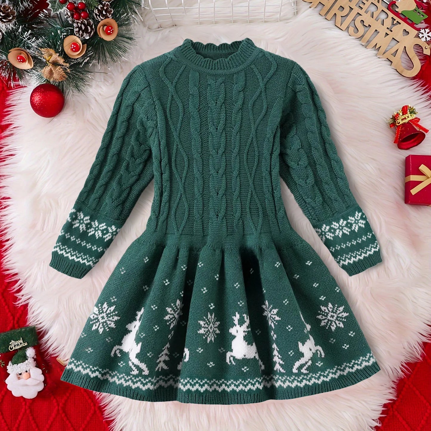 Red Christmas Dress Knitted Sweater Girl's Dress  Full Sleeve Casual Clothing Autumn Winter Dress for Girls New Year Dress 3-6Y