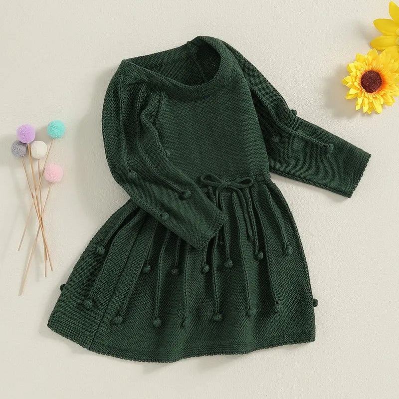 RUEWEY 1 to 6 Years Christmas Kid Girl Sweater Dress Solid Color Bobbles Crew Neck Long Sleeve Knit Princess Dress Baby Clothing