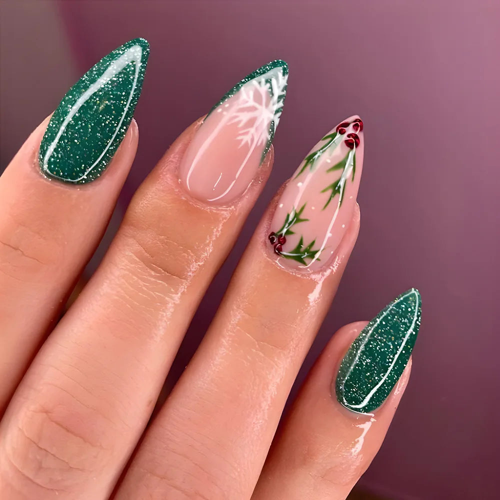 24pcs Christmas False Nails Shiny Green Deer Gift Box Pattern Mid Length Coffin Ballet Fake Nails 2025 New Year Press on Nails