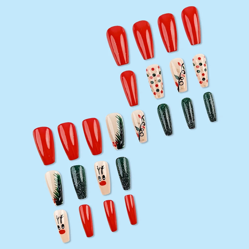 24pcs Christmas False Nails Shiny Green Deer Gift Box Pattern Mid Length Coffin Ballet Fake Nails 2025 New Year Press on Nails