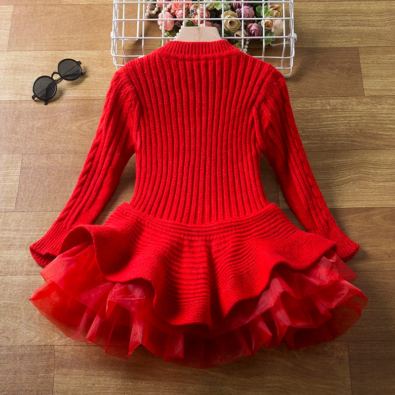 Red Christmas Dress Knitted Sweater Girl's Dress  Full Sleeve Casual Clothing Autumn Winter Dress for Girls New Year Dress 3-6Y