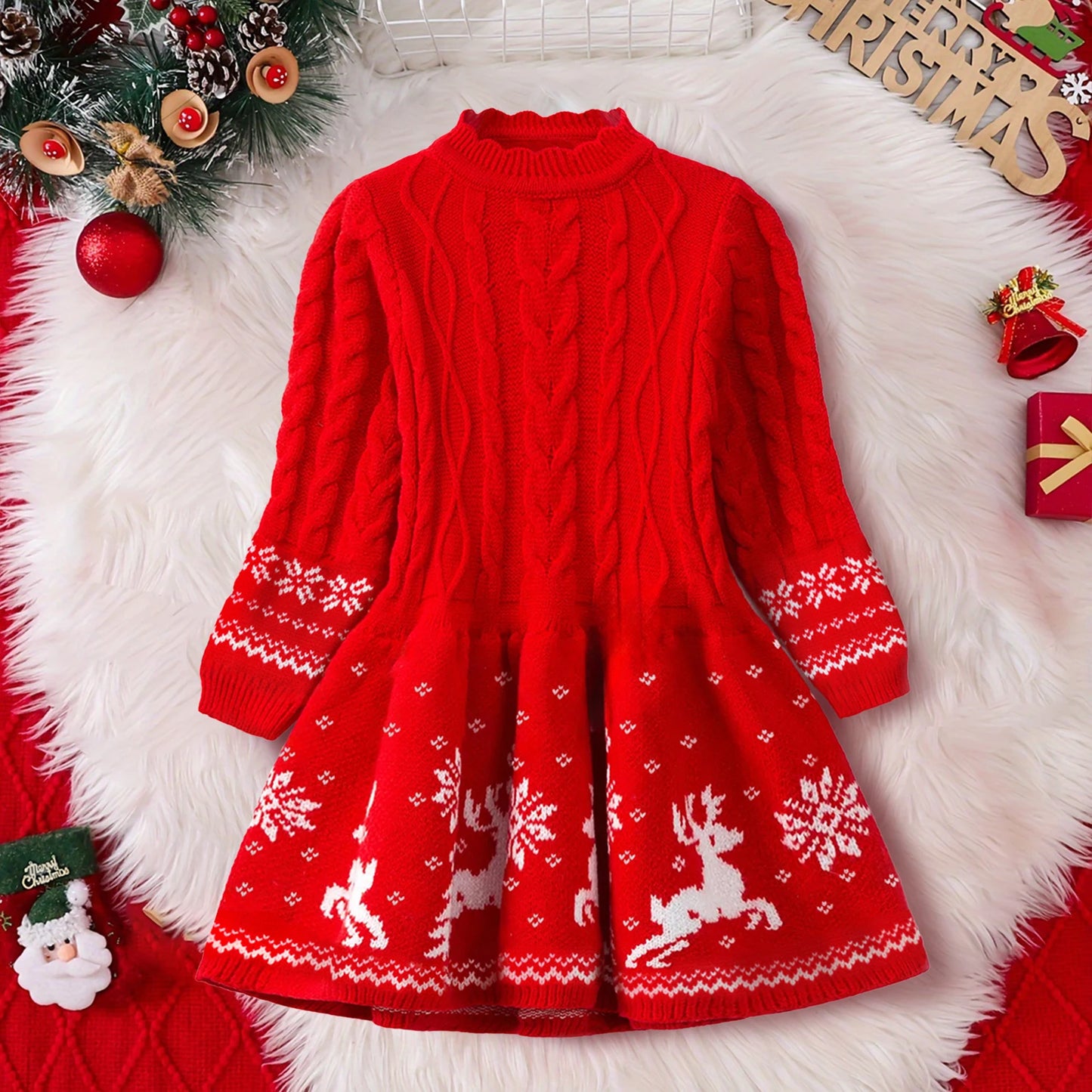 Red Christmas Dress Knitted Sweater Girl's Dress  Full Sleeve Casual Clothing Autumn Winter Dress for Girls New Year Dress 3-6Y