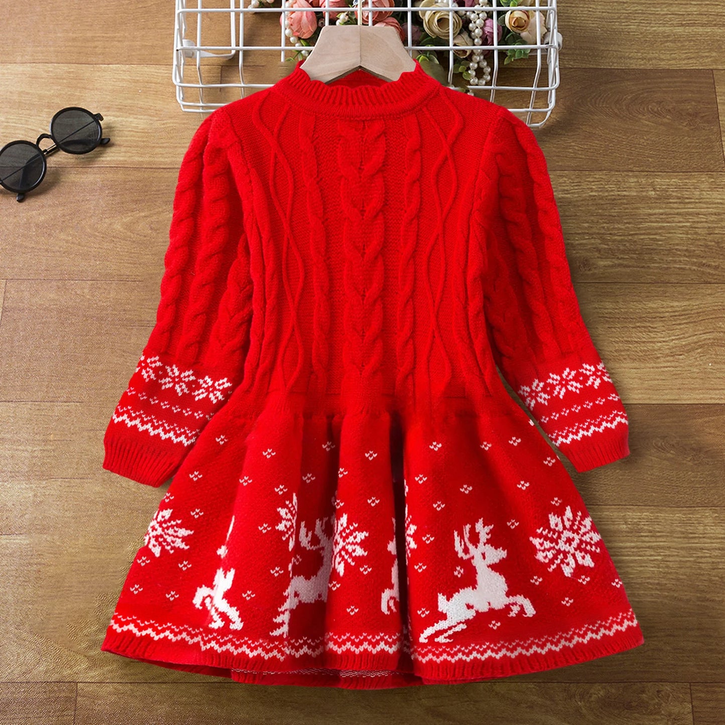 Red Christmas Dress Knitted Sweater Girl's Dress  Full Sleeve Casual Clothing Autumn Winter Dress for Girls New Year Dress 3-6Y