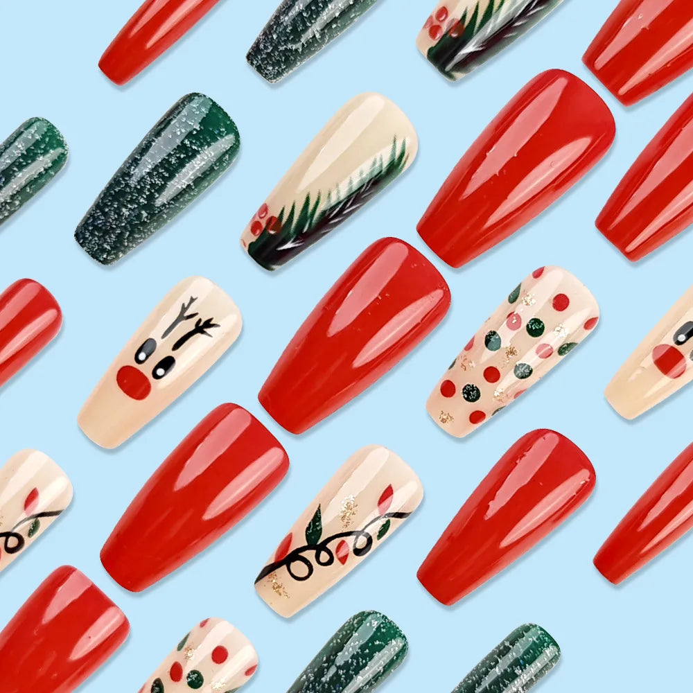 24pcs Christmas False Nails Shiny Green Deer Gift Box Pattern Mid Length Coffin Ballet Fake Nails 2025 New Year Press on Nails