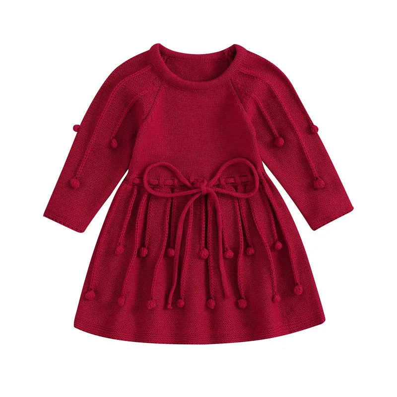 RUEWEY 1 to 6 Years Christmas Kid Girl Sweater Dress Solid Color Bobbles Crew Neck Long Sleeve Knit Princess Dress Baby Clothing