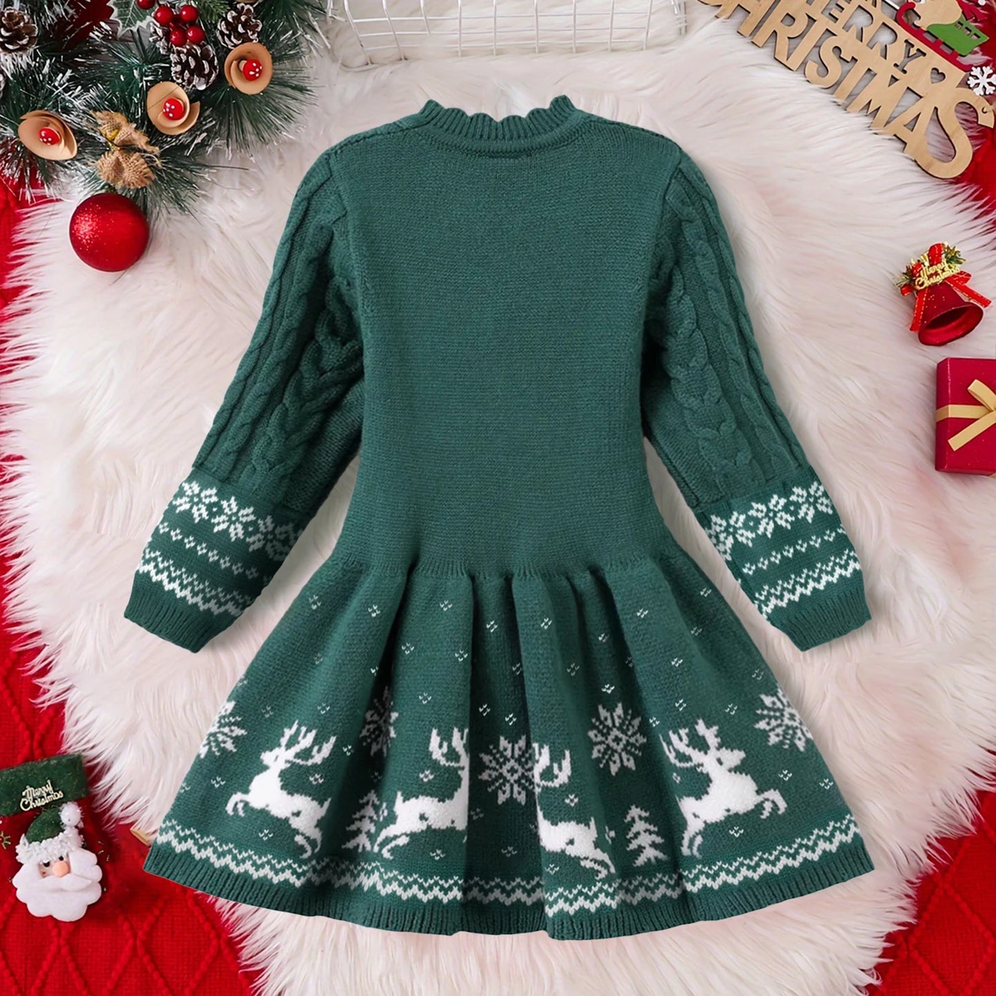 Red Christmas Dress Knitted Sweater Girl's Dress  Full Sleeve Casual Clothing Autumn Winter Dress for Girls New Year Dress 3-6Y