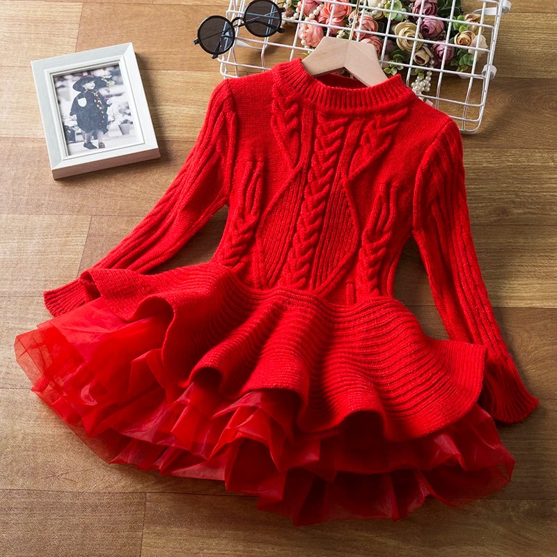 Red Christmas Dress Knitted Sweater Girl's Dress  Full Sleeve Casual Clothing Autumn Winter Dress for Girls New Year Dress 3-6Y