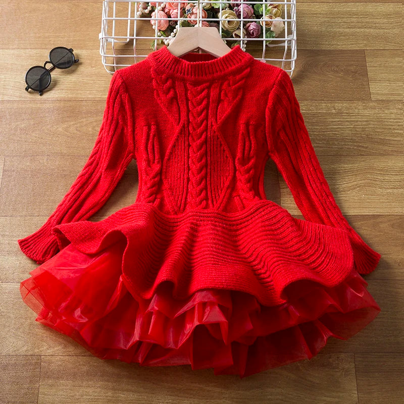 Red Christmas Dress Knitted Sweater Girl's Dress  Full Sleeve Casual Clothing Autumn Winter Dress for Girls New Year Dress 3-6Y