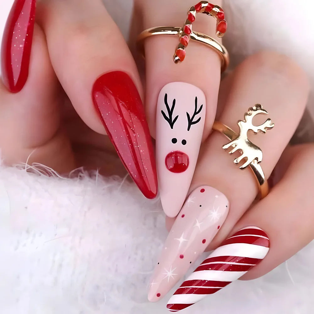 24pcs Christmas False Nails Shiny Green Deer Gift Box Pattern Mid Length Coffin Ballet Fake Nails 2025 New Year Press on Nails