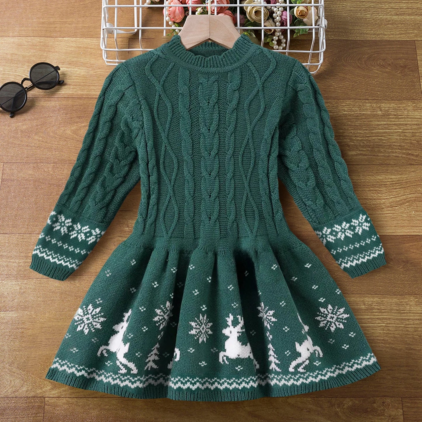 Red Christmas Dress Knitted Sweater Girl's Dress  Full Sleeve Casual Clothing Autumn Winter Dress for Girls New Year Dress 3-6Y