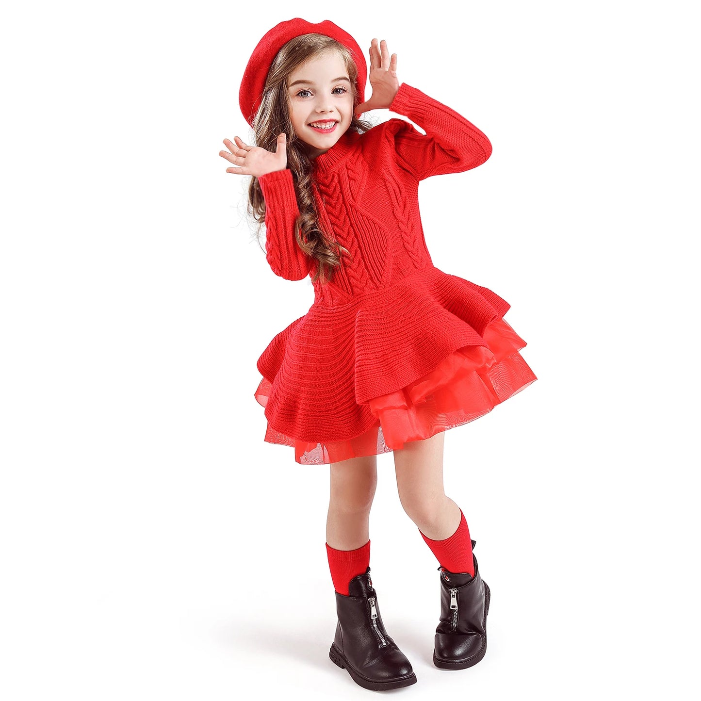 Red Christmas Dress Knitted Sweater Girl's Dress  Full Sleeve Casual Clothing Autumn Winter Dress for Girls New Year Dress 3-6Y