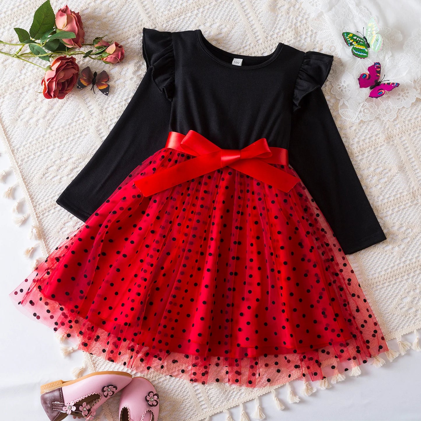 Red Christmas Dress Knitted Sweater Girl's Dress  Full Sleeve Casual Clothing Autumn Winter Dress for Girls New Year Dress 3-6Y