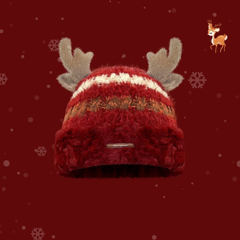 Christmas Knitted Hat With Cute Deer Antler Winter Warm Thick Hat For Girls Women